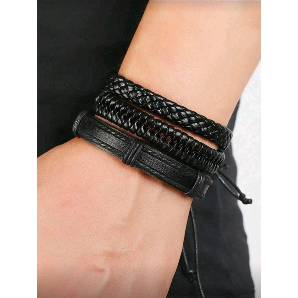 Mens faux Leather Bracelet Set Braided Beaded Cuff Wrap Style Black